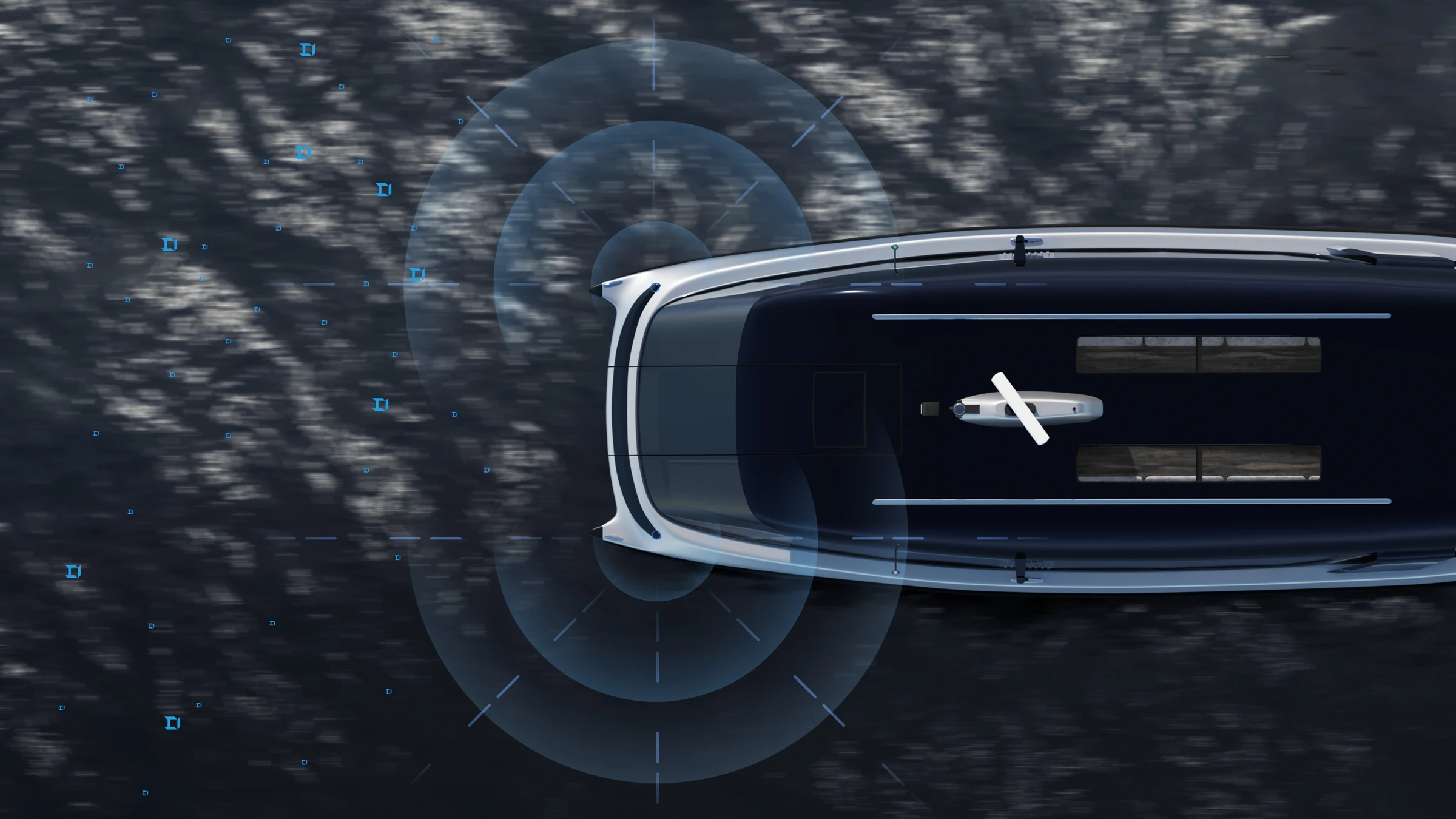 FLYMAR vessel with an illustration of its navigation sensing systems